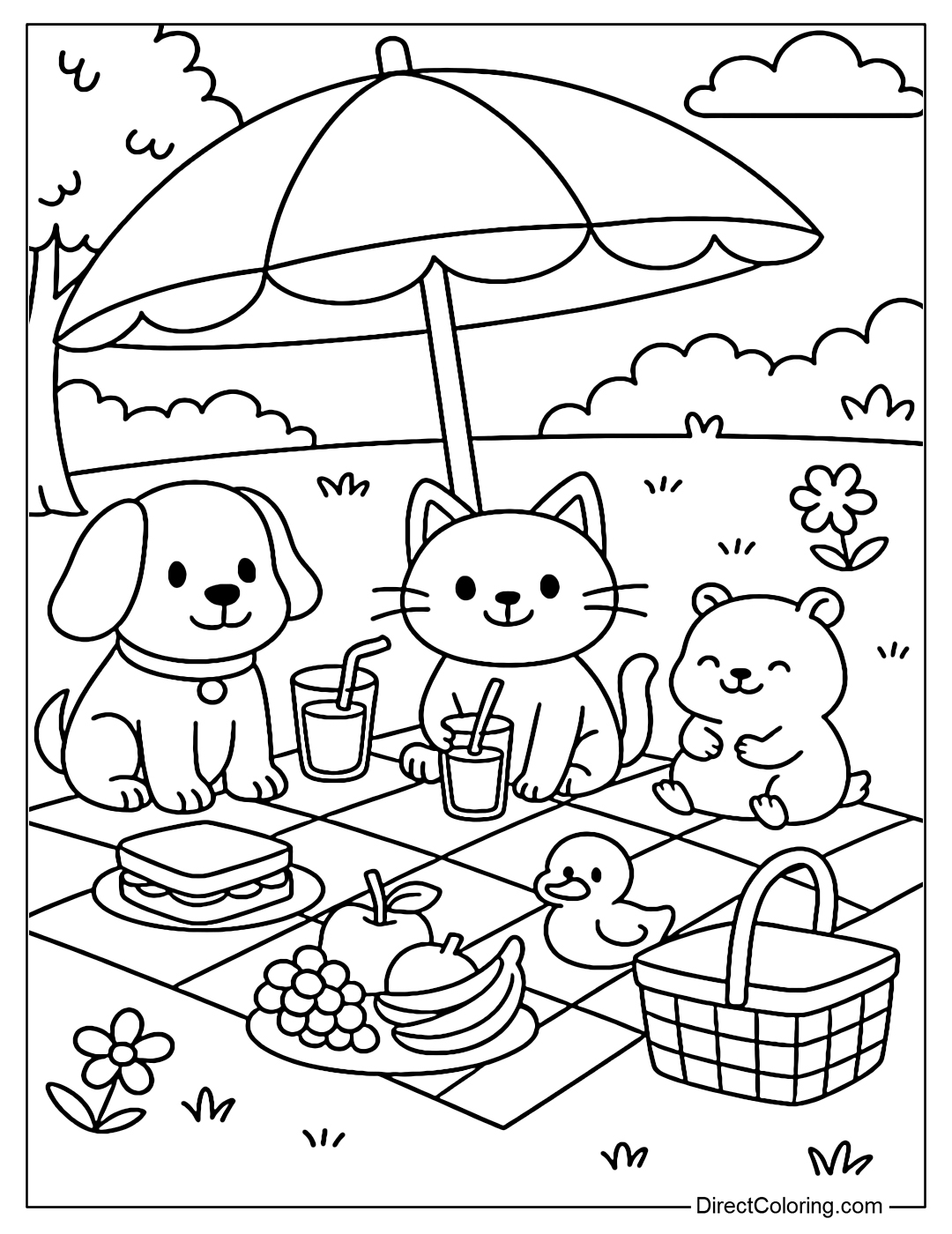 Coloring page of a group of pets including a dog, a cat, a hamster and a duckling having a picnic on the park grass